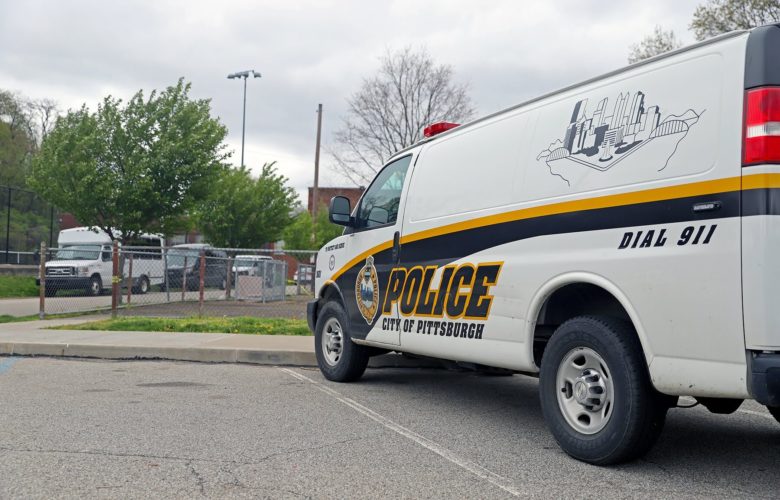 A police van parked at Moore Park in the Brookline neighborhood of Pittsburgh. (Photo by Jay Manning/PublicSource)