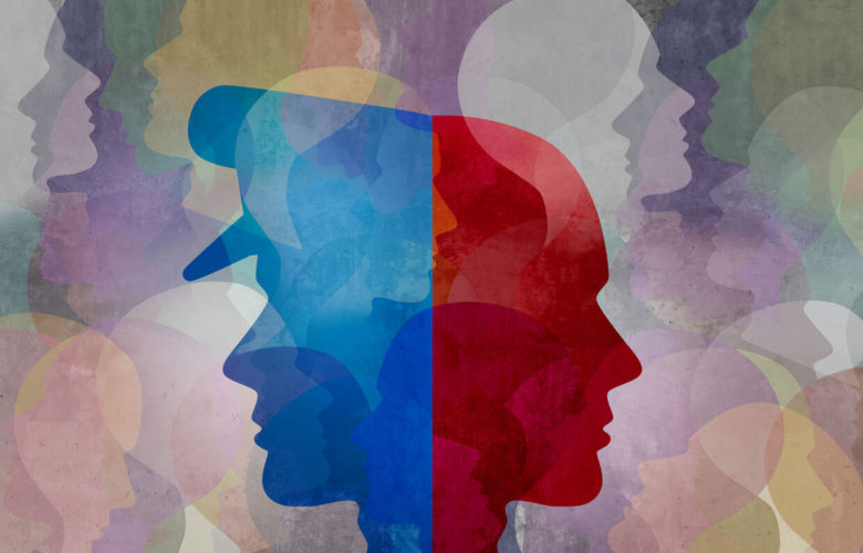 Collage of profiled silhouettes, including one of a cop in blue and one of a person in red.