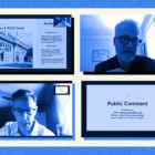 Urban Redevelopment Authority Executive Director Greg Flisram (right) and URA board Chairman Sam Williamson (left) discuss the condition of the roof of the Hunt Armory, in Shadyside, during the URA board meeting, conducted remotely, on Oct. 8, 2020. (Photo collage by Natasha Vicens/PublicSource)