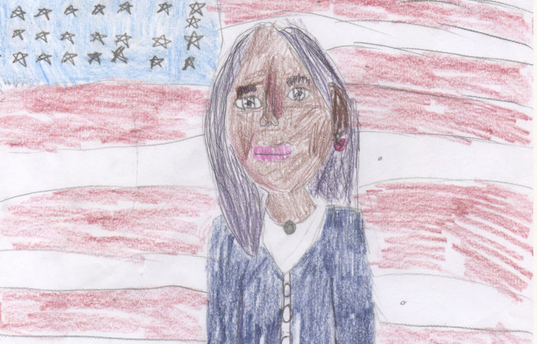 A drawing by Asha McCormick of Vice President-Elect Kamala Harris in front of an American flag.