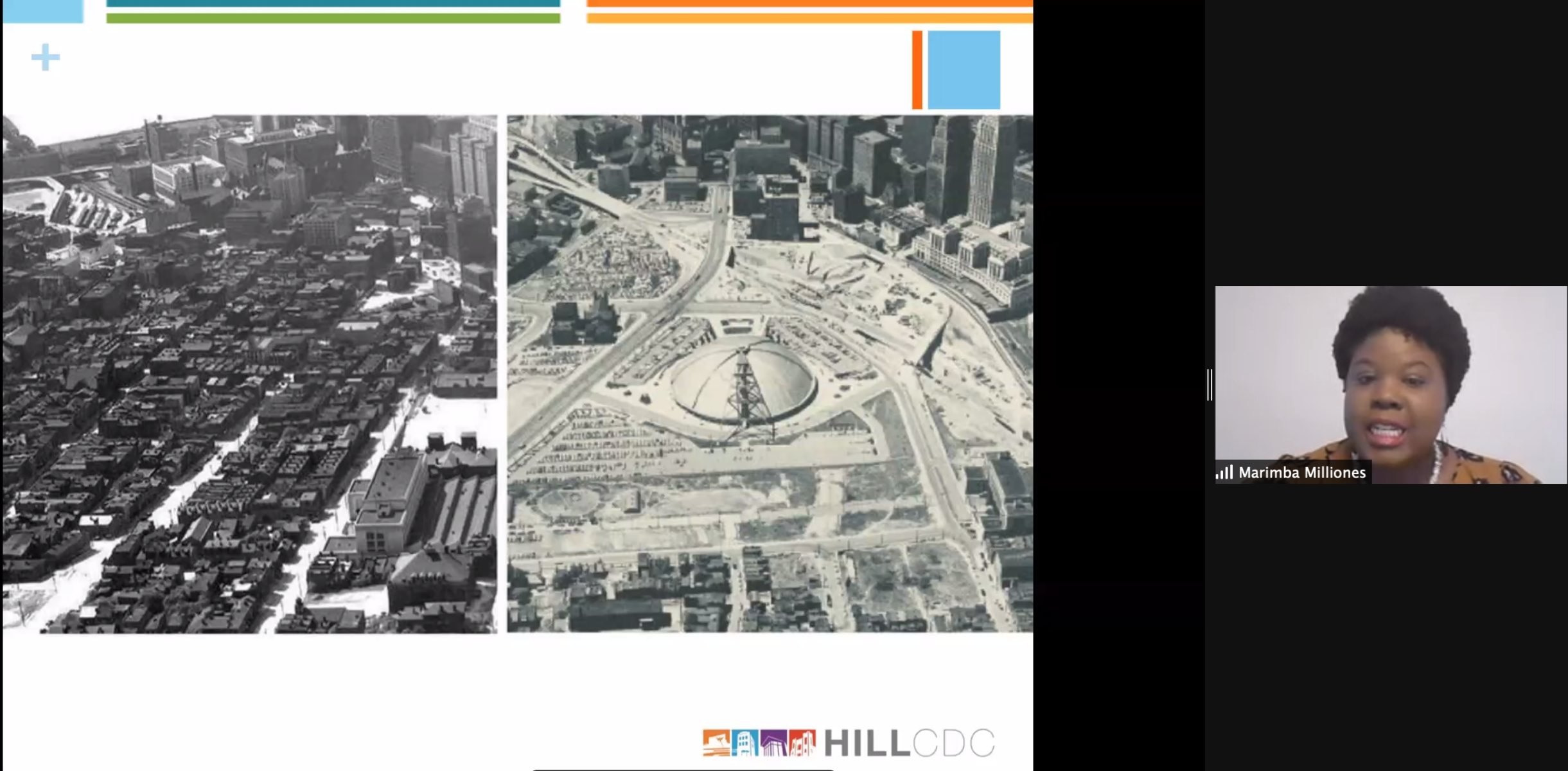 Marimba Milliones, president and CEO of the Hill District CDC, shows aerial photos of the Hill before and after the construction of the Civic Arena, at a community meeting on March 15, 2021. (Screenshot)
