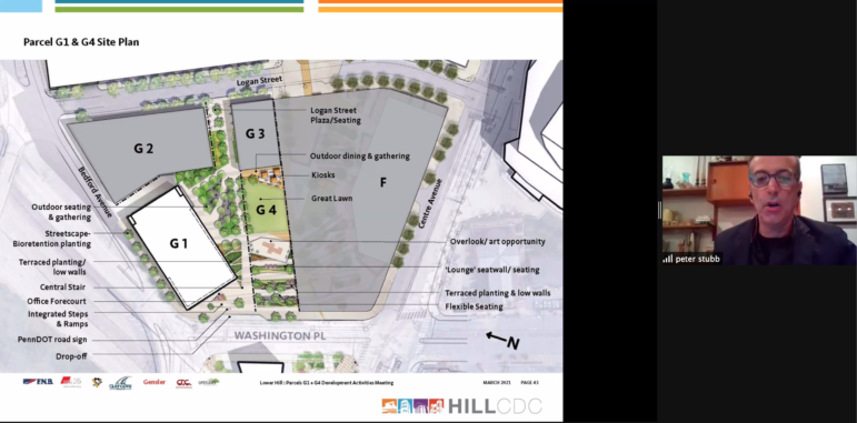 Peter Stubb, a principal at design firm Gensler, shares with Hill District leaders and residents a map of plans for the redevelopment of the former Civic Arena site, in a Development Activities Meeting on March 15, 2021. (Screenshot)