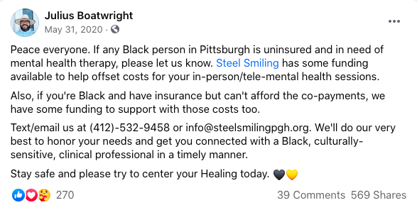 A Julius Boatwright Facebook post offering therapy to Black Pittsburghers in need.