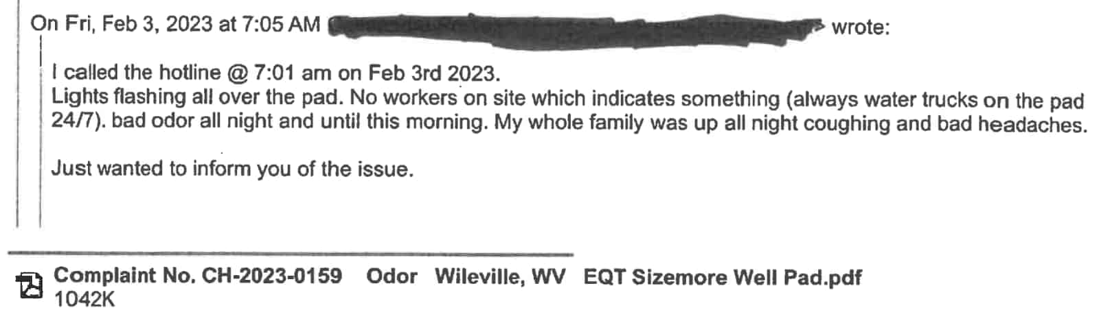 A screenshot of a complaint to the West Virginia Department of Environmental Protection.