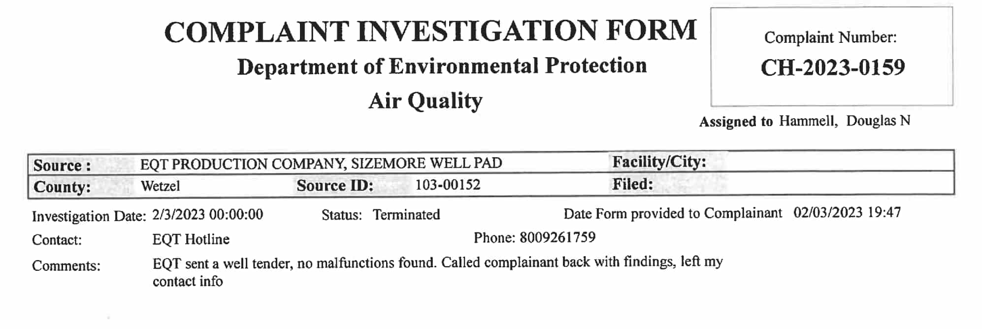 A screenshot of a response to a resident from the West Virginia Department of Environmental Protection.