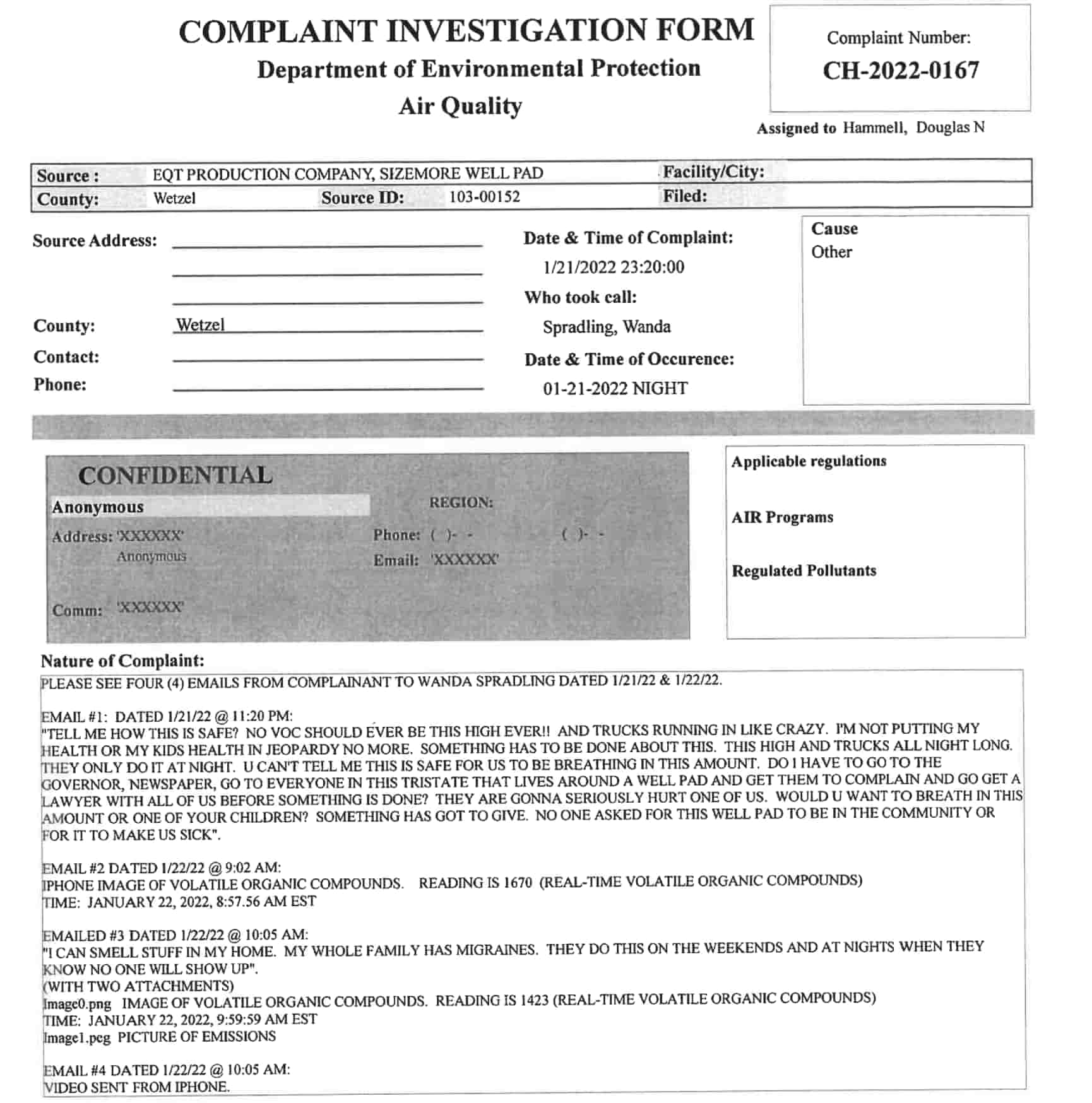 A screenshot of a complaint filed with the West Virginia Department of Environmental Protection.