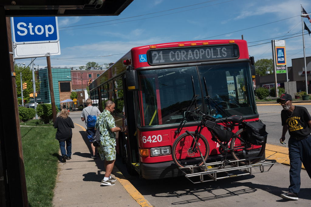 A red bus marked 