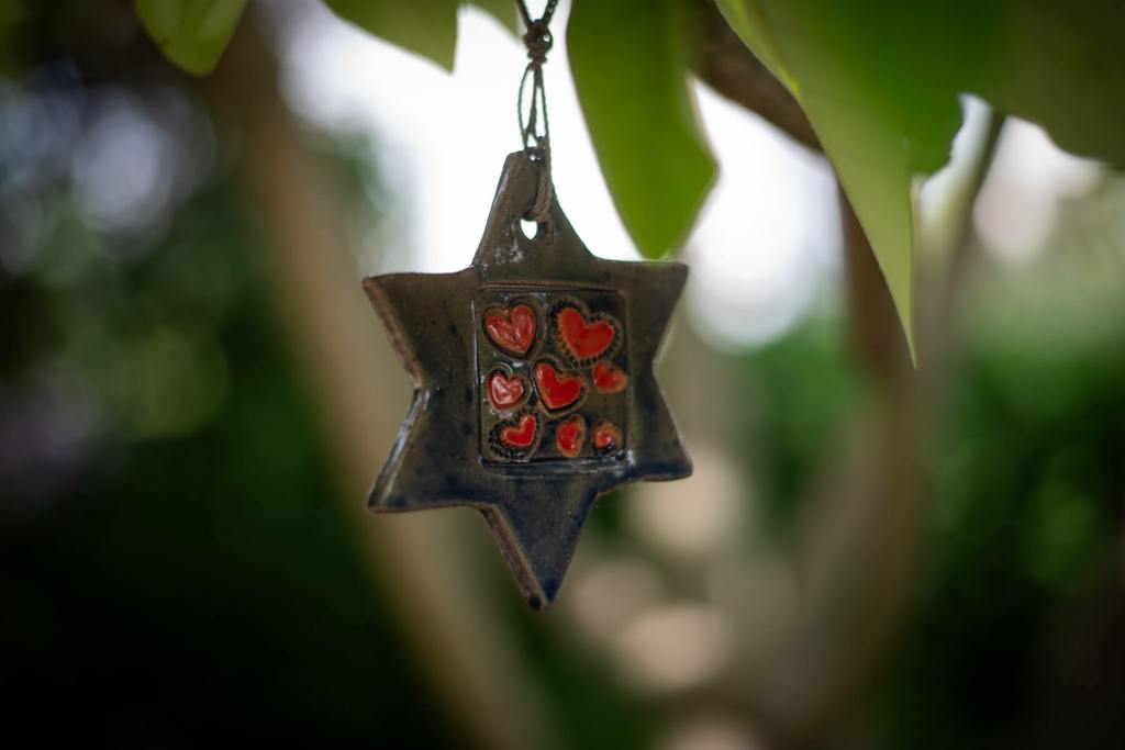 A star-of-David-shaped ornament with red hearts hangs from a wire.