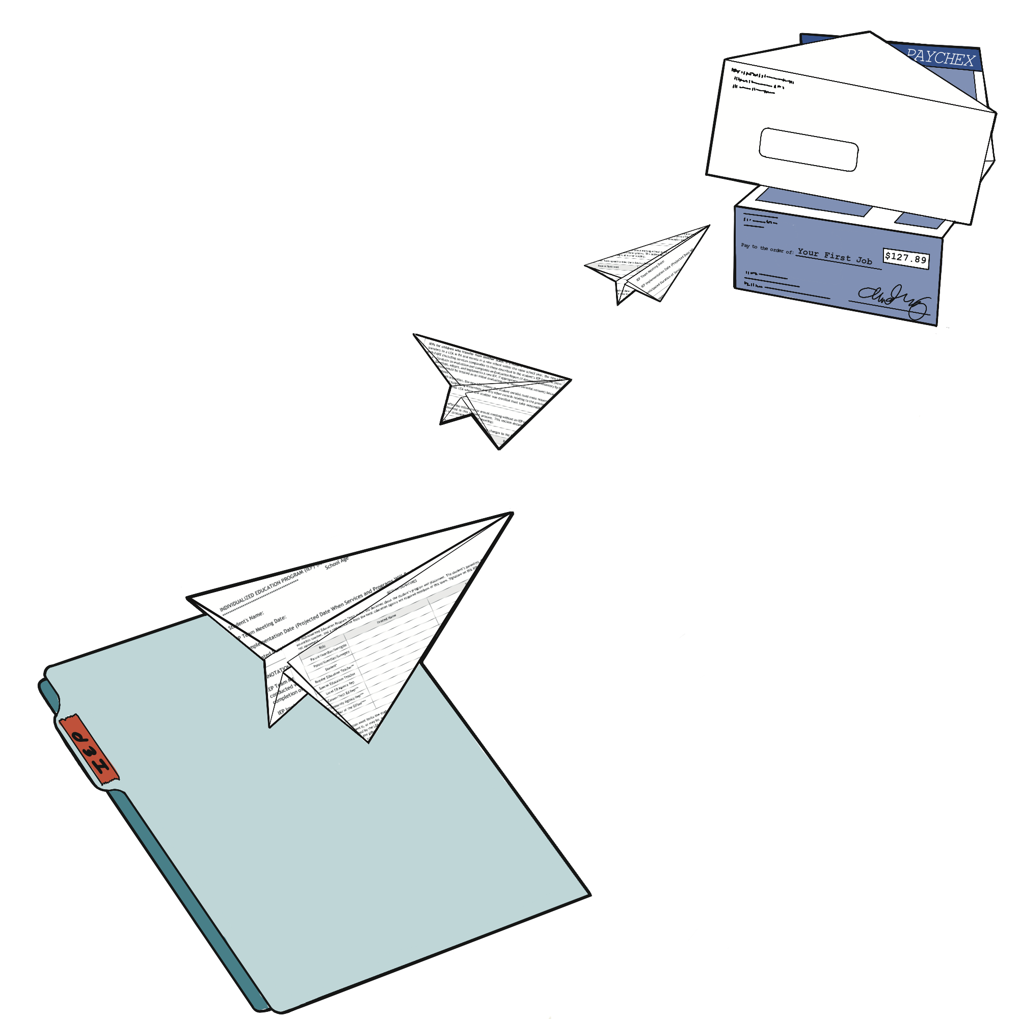 Paper planes flying from a file folder to an envelope, symbolizing the transition from paper to education to employment.