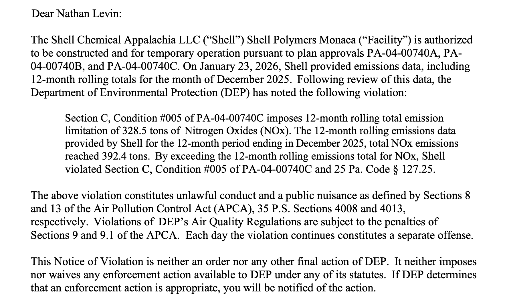 A letter from the Pennsylvania DEP to Nathan Levin details NOx emission limit violations by the Shell Polymers Monaca facility and outlines potential penalties and next enforcement steps.