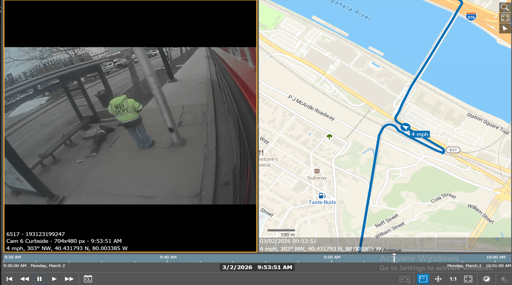 Split screen showing bus surveillance footage of a person in a yellow jacket at a bus stop on the left, and a map with the bus route and speed on the right. Timestamp: 3/2/2026, 9:53:51 AM.