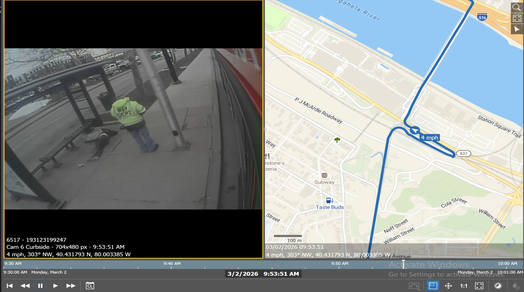 A split screen shows surveillance footage of a person with a dog at a transit stop on the left and a GPS map route with speed and location details on the right.
