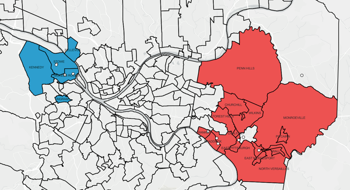 A map displays various outlined neighborhoods; regions on the left are shaded blue, and larger areas on the right are shaded red, each labeled with specific neighborhood names.