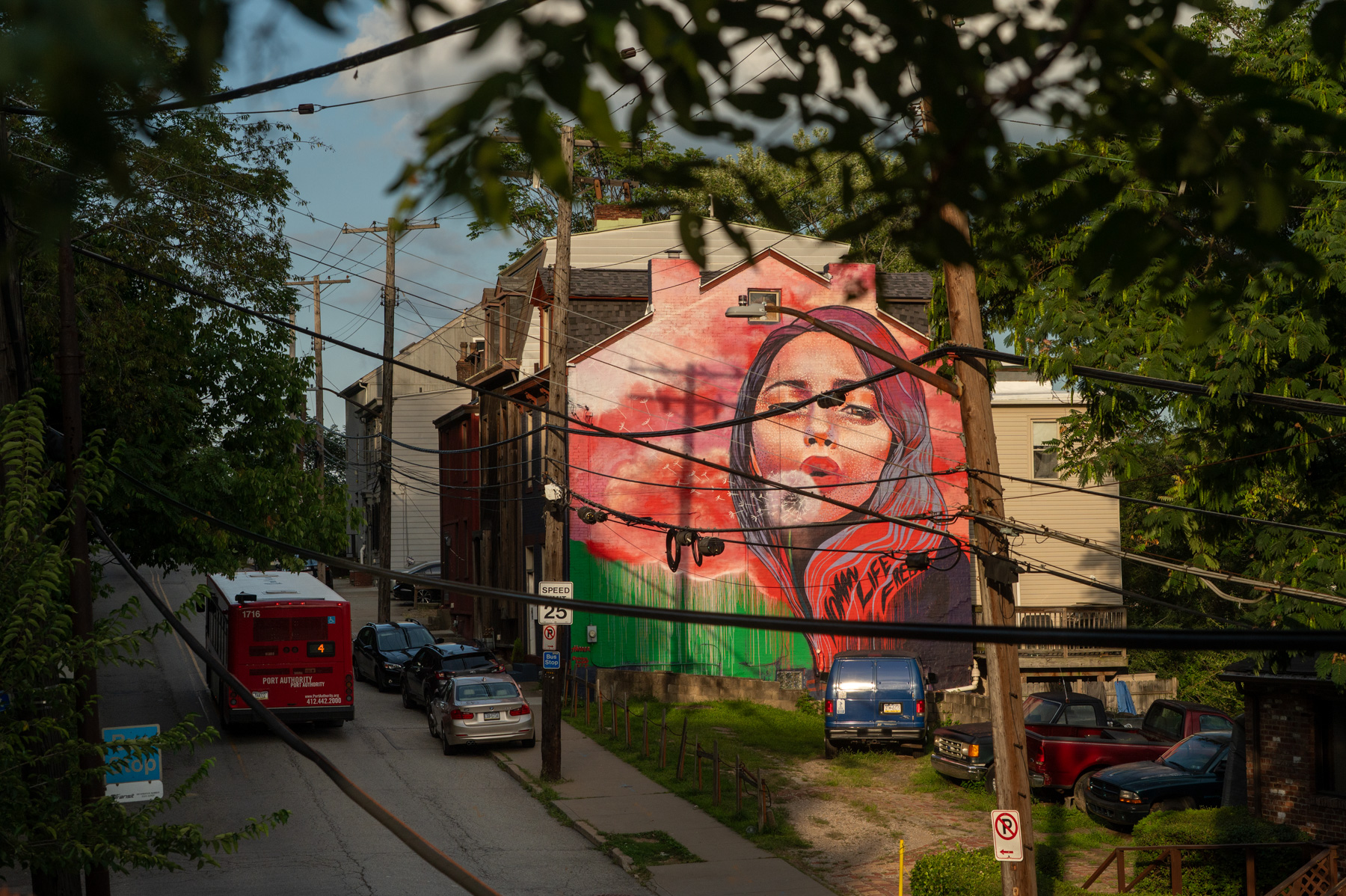 A large mural of a woman’s face covers the side of a building along a street with parked cars, trees, power lines, and a red bus driving by.