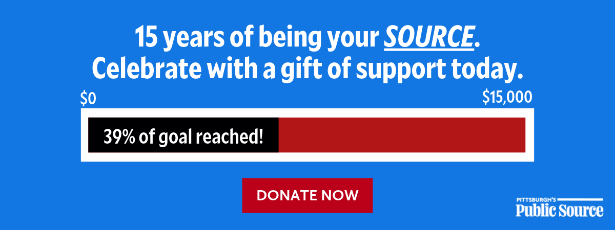 A progress bar shows 39% of a $15,000 donation goal reached, with text encouraging support for Pittsburgh’s Public Source’s 15th anniversary.